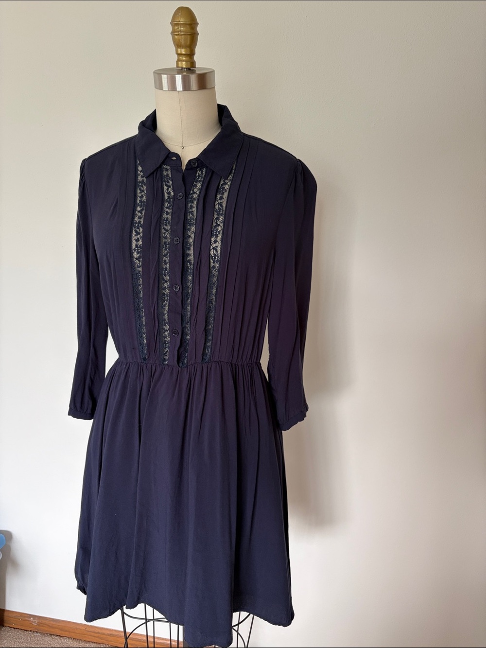 Forever 21 Navy Long-Sleeve Button Front Dress with Pintuck Detail